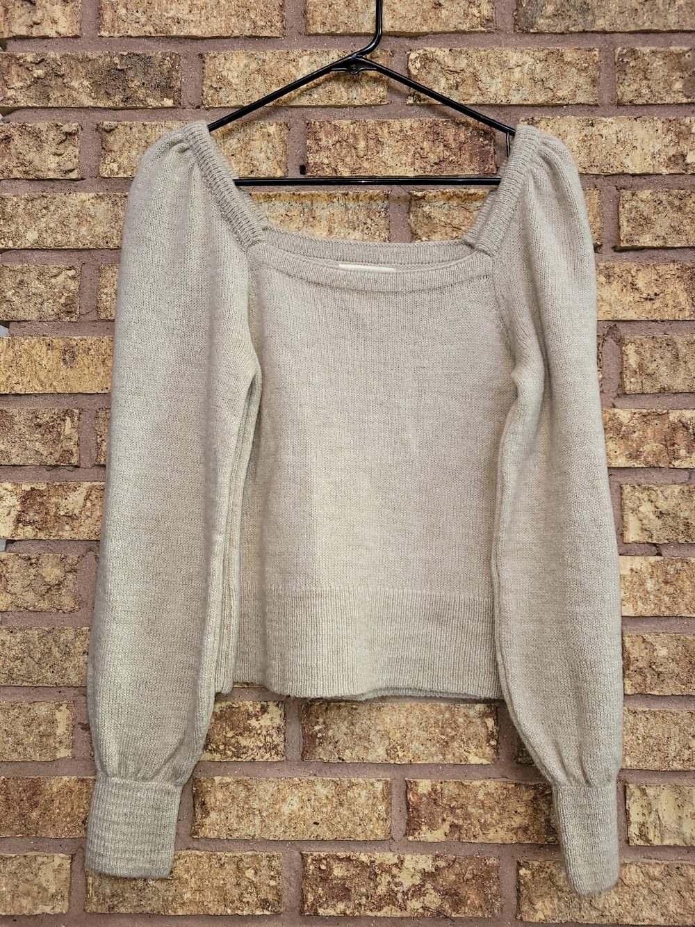 Anthropologie Square-Neck Puff Sleeve Beige Sweater Size Small